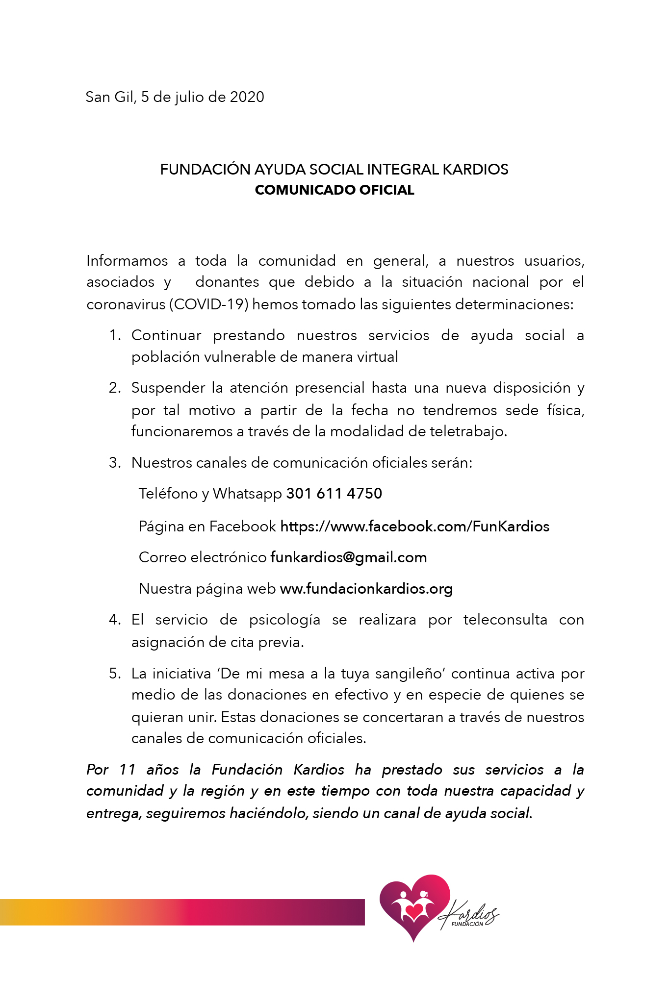 Comunicado oficial — compartiendo un cambio debido al COVID-19.